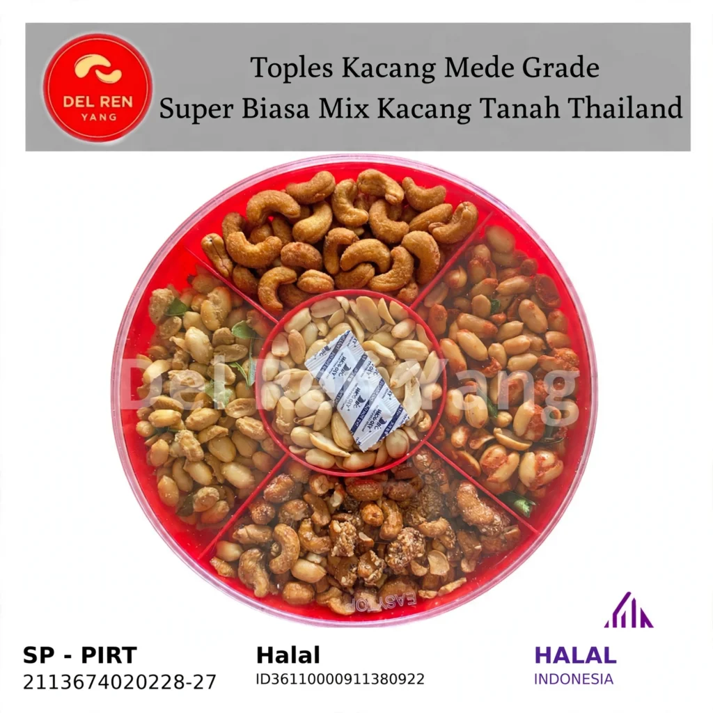 Toples Tray Kacang Tanah Thailand dengan 3 Rasa dalam satu Toples & Toples Kacang Tanah Mix Kacang Mete Super Biasa, Berat 1Kg