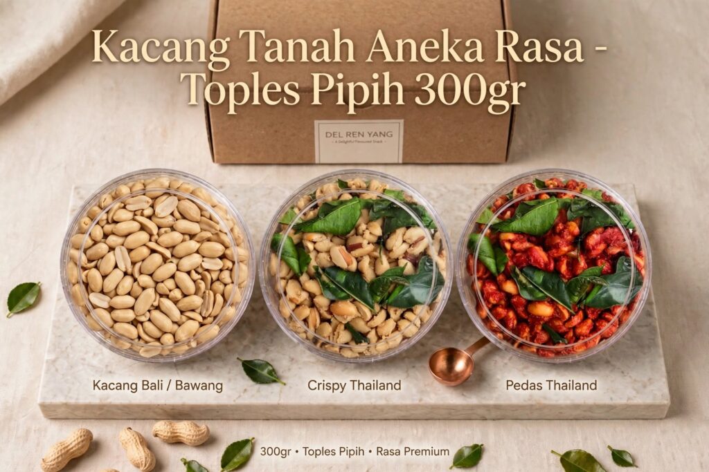 Kacang Tanah Aneka Rasa, Kacang Bali/Kacang Bawang, Kacang Thailand Pedas & Kacang Thailand Crispy. Kemasan Toples Pipih 300 Gram - Pilihan Rasa